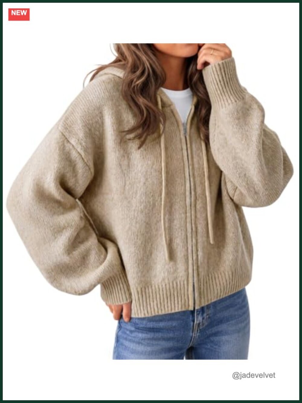 Zip Up Hooded Cardigan Sweater Knit Jacket Loose Fit Long Sleeve